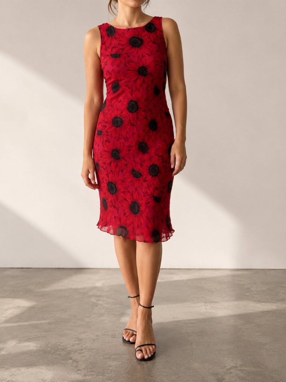 Pink Silk Floral Midi Dress with Black Sunflower Accents • Size S